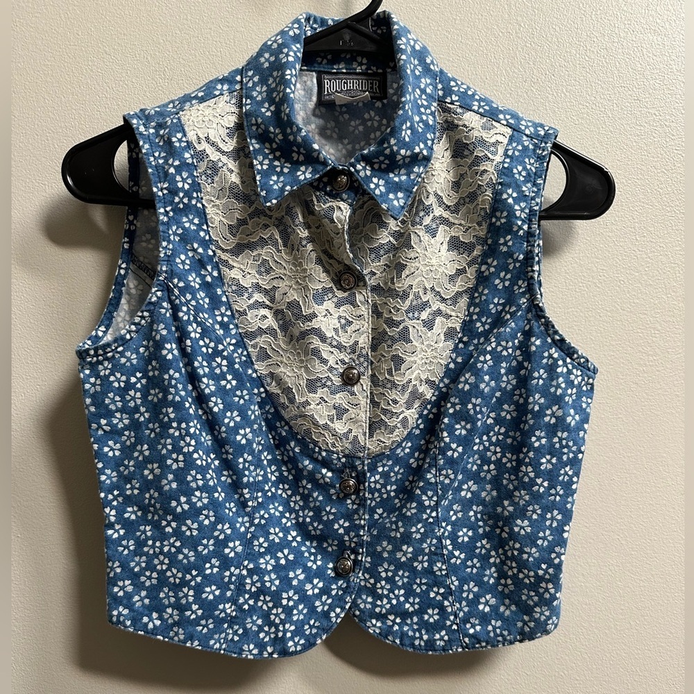 SOLD | Vintage RoughRider By Circle T Blue Floral Vest/Blouse | Women’s Size XS - Picture 1 of 9